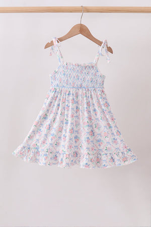 Blue Floral Smocked Ruffle Dress