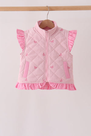 Pink corduroy bow embroidery ruffle vest