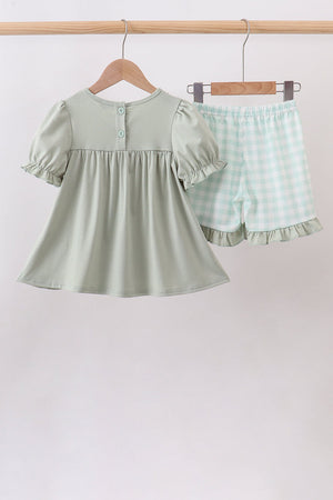 Green football french knot gingham ruffle shorts set