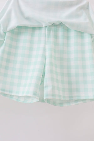 Green football french knot gingham skorts set