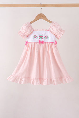 Pink Castle Embroidery Jacquard Ruffle Dress