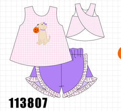 Pink Puppy Pumpkin Applique Ruffle Shorts Set