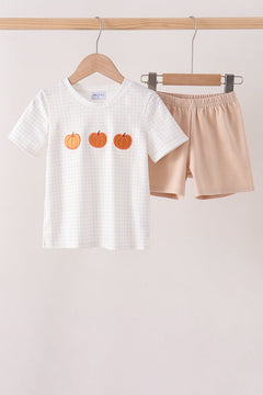 Khaki Pumpkin Embroidery Shorts Set