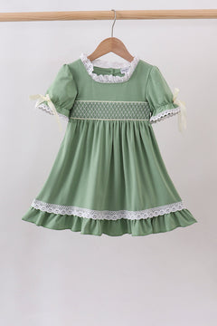 Sage collar smocked lace dress