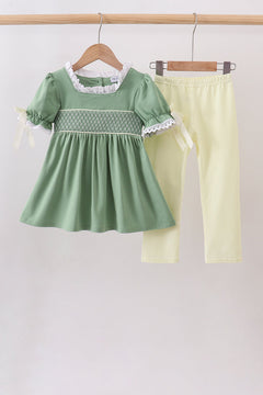 Sage collar smocked lace pants set