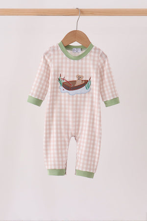 Khaki Puppy Fishing Gingham Romper