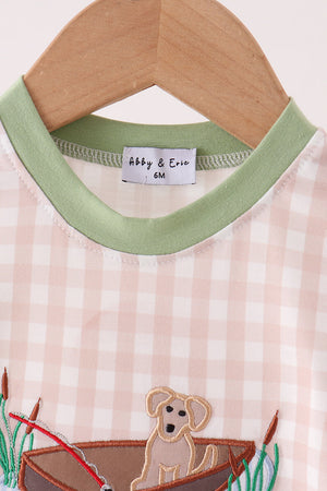 Khaki Puppy Fishing Gingham Romper