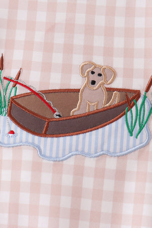 Khaki Puppy Fishing Gingham Romper