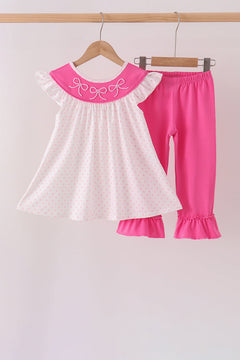 Pink bow pearl ruffle pants set