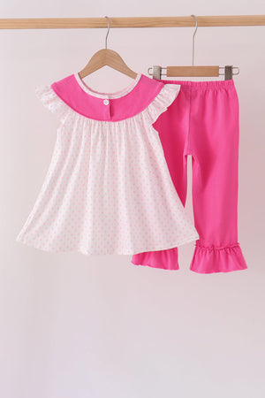 Pink bow pearl ruffle pants set