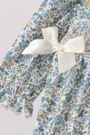 Sage Floral Smocked Bow Bubble