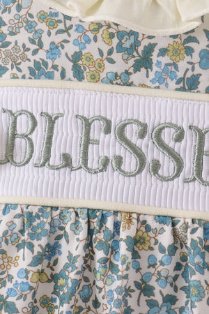 Sage Floral Blessed Smocked Ruffle Bubble