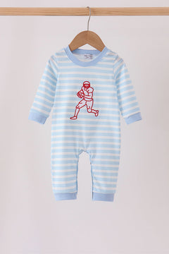 Blue Football Embroidery Stripe Romper