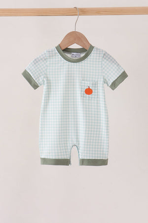 Sage pumpkin embroidery gingham romper