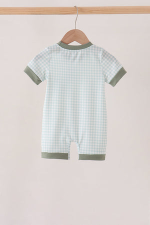 Sage pumpkin embroidery gingham romper
