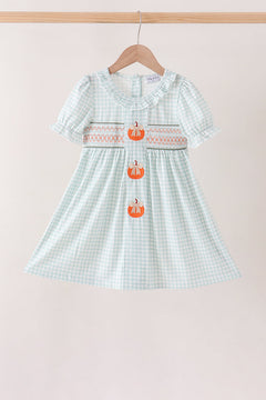 Sage pumpkin smocked gingham dress