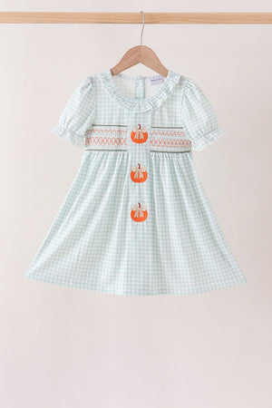 Sage pumpkin smocked gingham dress
