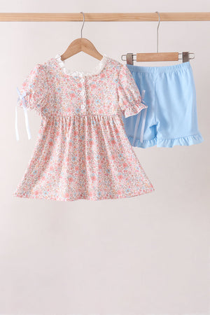 Pink Pumpkin Floral Embroidery Shorts Set