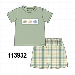 Green Pumpkin Embroidery Plaid Shorts Set
