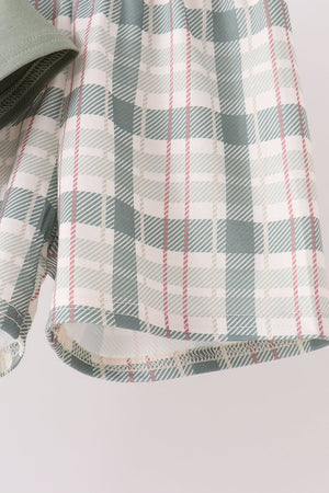 Green Pumpkin Embroidery Plaid Shorts Set