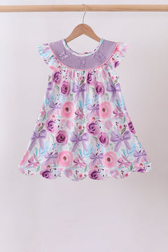 Purple Bow Embroidered Floral Scalloped Dress