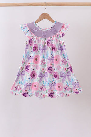 Purple Bow Embroidered Floral Scalloped Dress