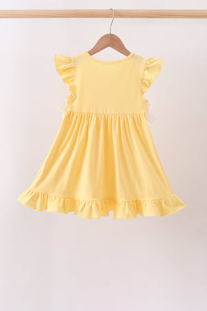 Mustard character embroidery ruffle dress