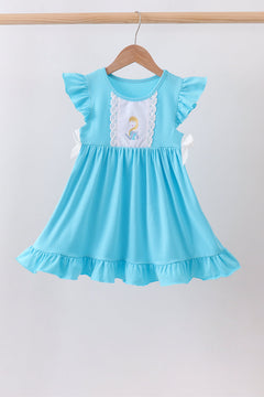 Blue character embroidery ruffle dress