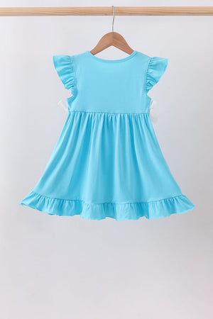 Blue character embroidery ruffle dress