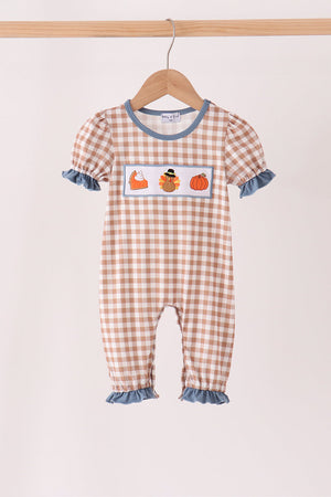 Brown turkey pumpkin embroidery gingham ruffle romper