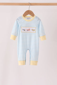 Blue airplane embroidery stripe romper