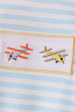 Blue airplane embroidery stripe romper