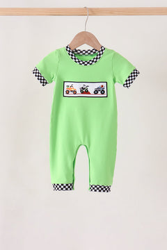 Green car embroidery checkered romper