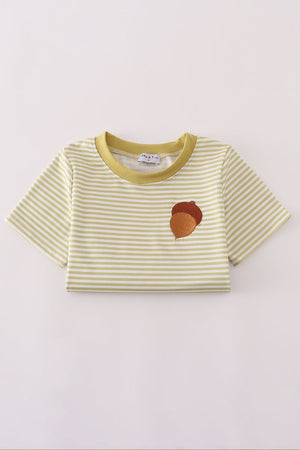 Green pinecone embroidery stripe top