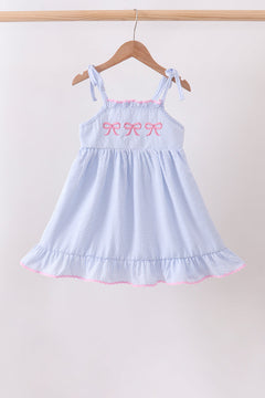 Blue Bow Embroidered Stripe Ruffle Dress
