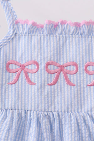 Blue Bow Embroidered Stripe Ruffle Dress