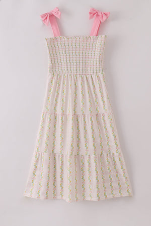 Pink lemon print bow smocked tiered mom&me dress