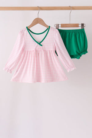 Pink Plaid Gingerbread Embroidery Bloomer Set