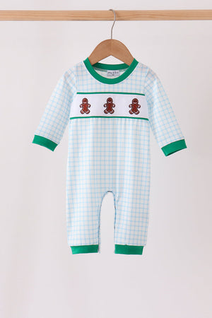 Blue Plaid Gingerbread Embroidery Romper