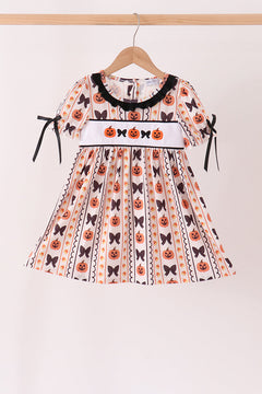 Pumpkin bow embroidery ruffle dress
