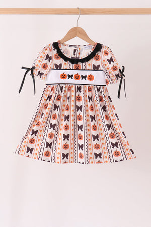 Pumpkin bow embroidery ruffle dress