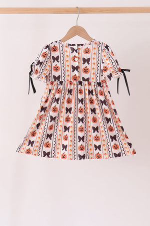 Pumpkin bow embroidery ruffle dress