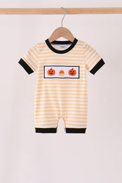 Pumpkin embroidery stripe romper