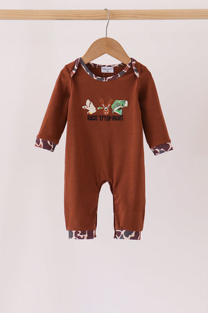 Brown camouflage hunting embroidery romper