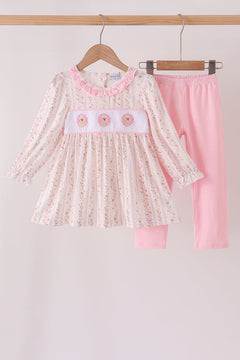 Pink floral turkey embroidery ruffle pants set