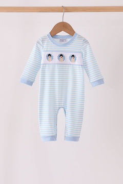 Blue turkey embroidery stripe romper