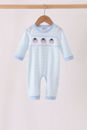 Blue turkey embroidery stripe romper