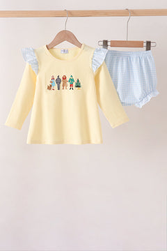 Beige character embroidery gingham bloomer set