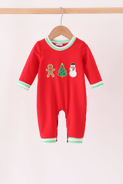Red Gingerbread Tree Embroidery Romper