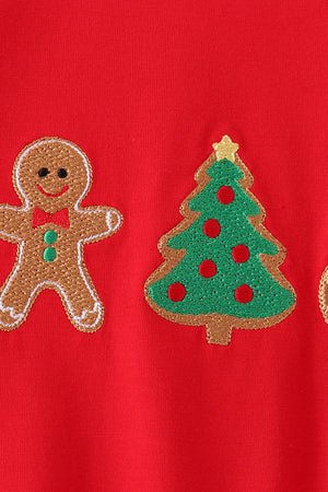 Red Gingerbread Tree Embroidery Romper
